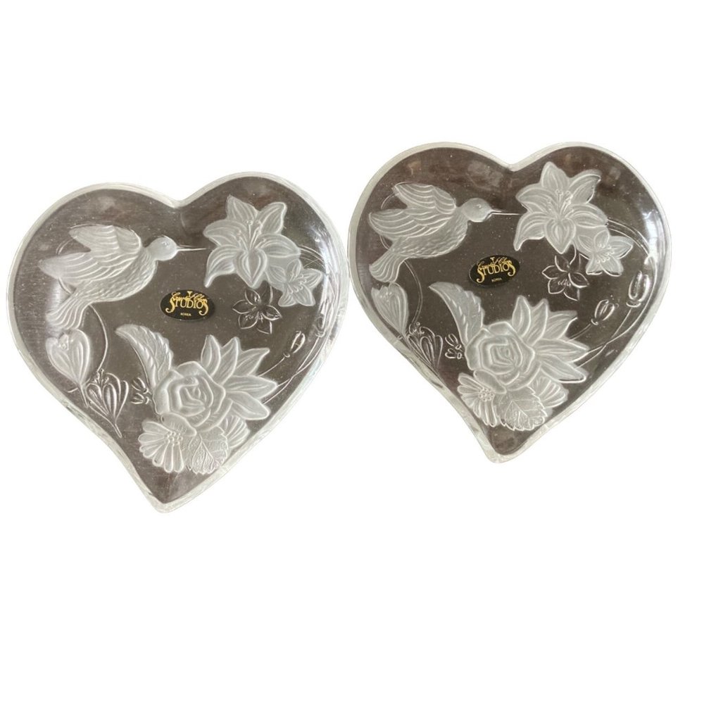 NIB CLEAR & FROSTED GLASS HUMMINGBIRD HEART- Shaped Dish Bowls Trinket Candy 6”